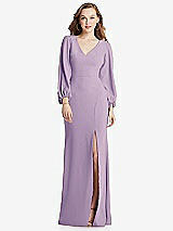 Alt View 1 Thumbnail - Pale Purple Long Puff Sleeve V-Neck Trumpet Gown