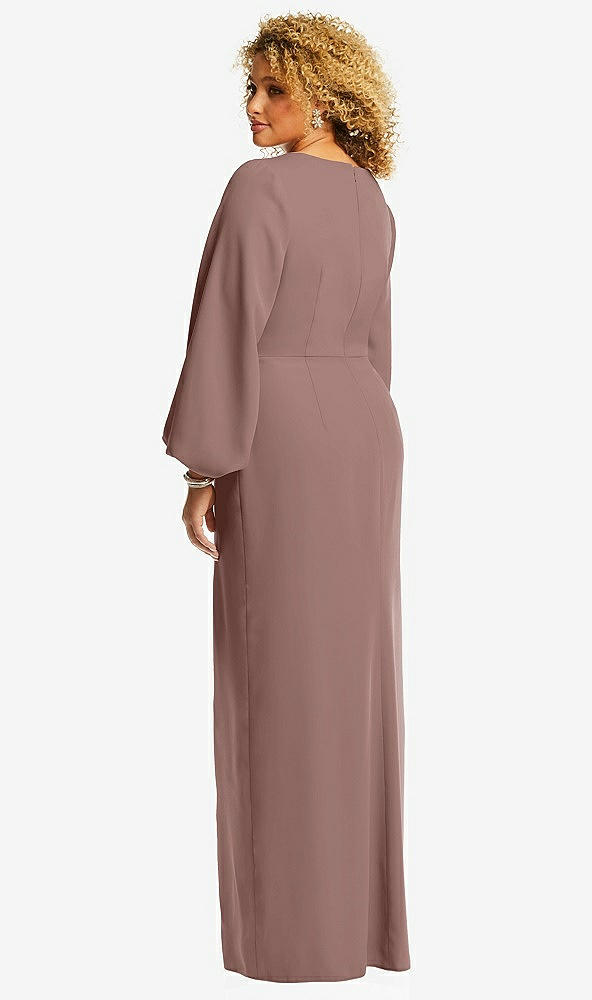 Back View - Sienna Long Puff Sleeve V-Neck Trumpet Gown