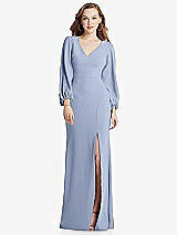 Alt View 1 Thumbnail - Sky Blue Long Puff Sleeve V-Neck Trumpet Gown