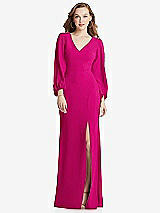 Alt View 1 Thumbnail - Think Pink Long Puff Sleeve V-Neck Trumpet Gown