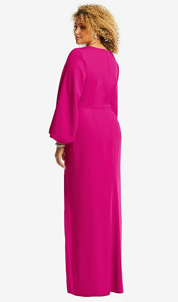 Back View - Think Pink Long Puff Sleeve V-Neck Trumpet Gown