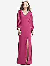 Alt View 1 Thumbnail - Tea Rose Long Puff Sleeve V-Neck Trumpet Gown