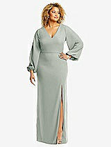 Front View Thumbnail - Willow Green Long Puff Sleeve V-Neck Trumpet Gown