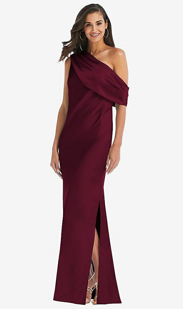 Front View - Cabernet Draped One-Shoulder Convertible Maxi Slip Dress