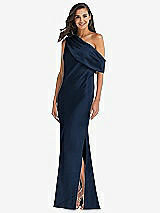 Front View Thumbnail - Midnight Navy Draped One-Shoulder Convertible Maxi Slip Dress