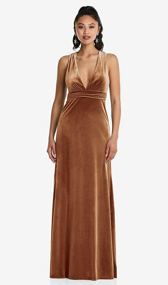 Front View - Golden Almond Plunging Neckline Velvet Maxi Dress with Criss Cross Open-Back