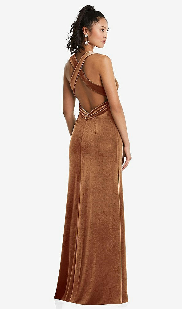 Back View - Golden Almond Plunging Neckline Velvet Maxi Dress with Criss Cross Open-Back