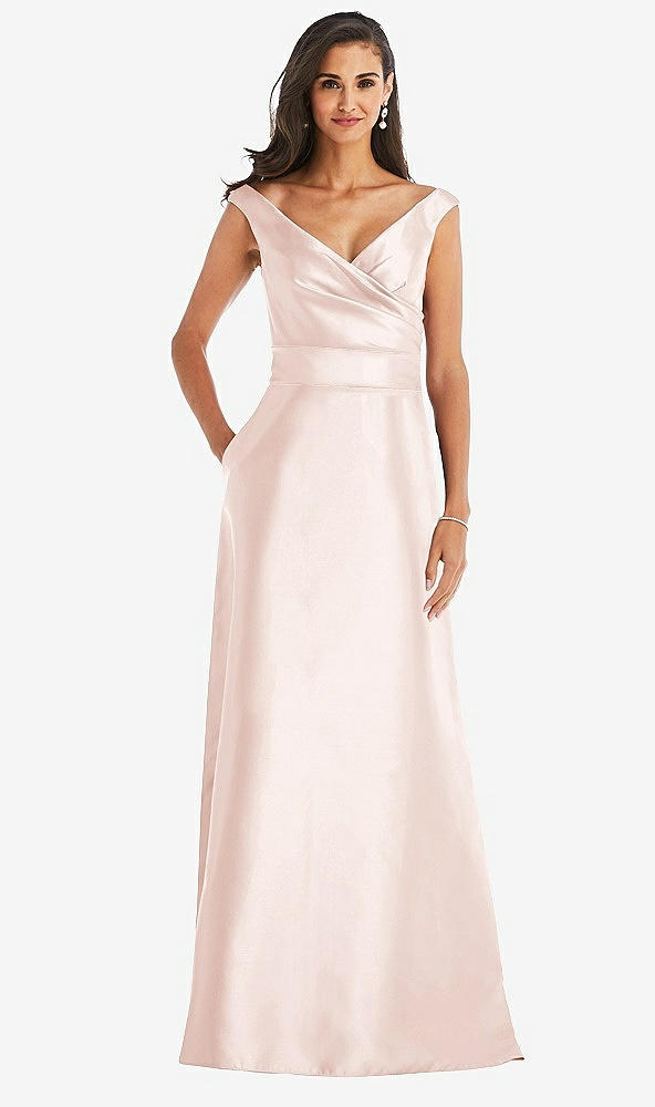 Front View - Blush & Blush Off-the-Shoulder Draped Wrap Satin Maxi Dress