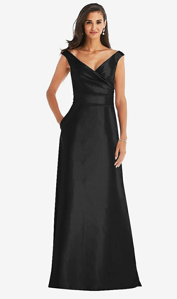 Front View - Black & Black Off-the-Shoulder Draped Wrap Satin Maxi Dress