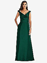 Front View Thumbnail - Hunter Green & Hunter Green Off-the-Shoulder Draped Wrap Satin Maxi Dress