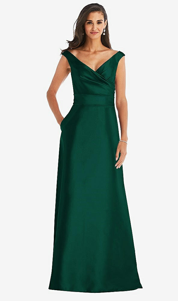 Front View - Hunter Green & Hunter Green Off-the-Shoulder Draped Wrap Satin Maxi Dress