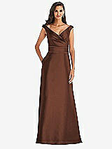 Front View Thumbnail - Cognac & Cognac Off-the-Shoulder Draped Wrap Satin Maxi Dress