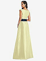 Rear View Thumbnail - Butter Yellow & Midnight Navy Off-the-Shoulder Draped Wrap Satin Maxi Dress