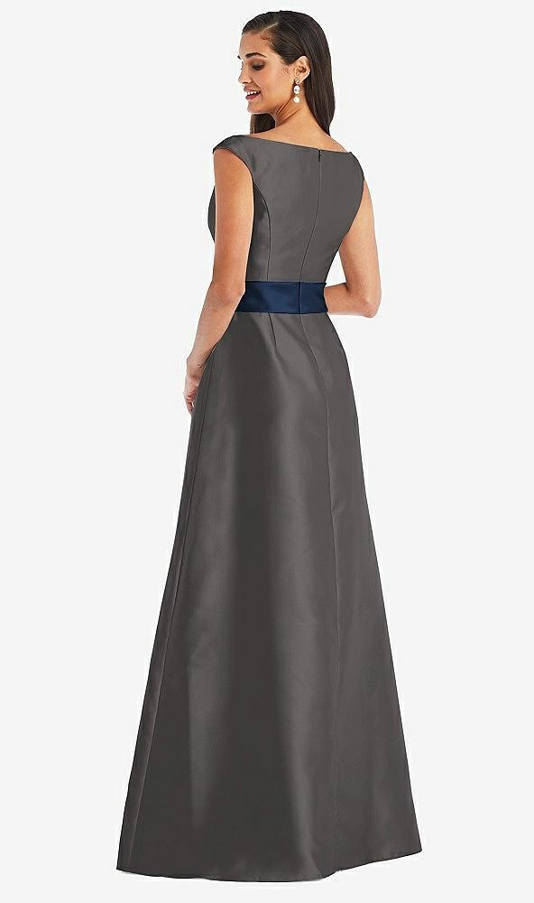 Back View - Caviar Gray & Midnight Navy Off-the-Shoulder Draped Wrap Satin Maxi Dress