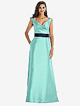 Front View Thumbnail - Coastal & Midnight Navy Off-the-Shoulder Draped Wrap Satin Maxi Dress