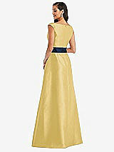 Rear View Thumbnail - Maize & Midnight Navy Off-the-Shoulder Draped Wrap Satin Maxi Dress