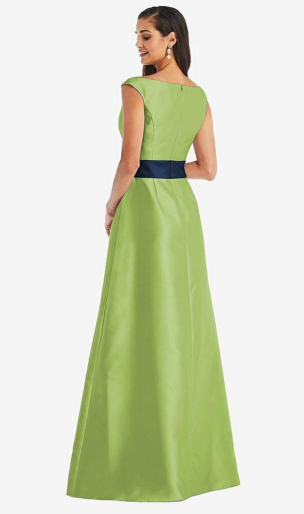 Back View - Mojito & Midnight Navy Off-the-Shoulder Draped Wrap Satin Maxi Dress