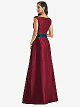 Rear View Thumbnail - Burgundy & Midnight Navy Off-the-Shoulder Draped Wrap Satin Maxi Dress