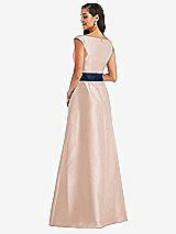 Rear View Thumbnail - Cameo & Midnight Navy Off-the-Shoulder Draped Wrap Satin Maxi Dress