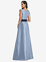 Rear View Thumbnail - Cloudy & Midnight Navy Off-the-Shoulder Draped Wrap Satin Maxi Dress