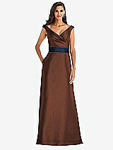 Front View Thumbnail - Cognac & Midnight Navy Off-the-Shoulder Draped Wrap Satin Maxi Dress