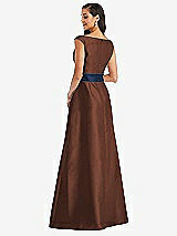 Rear View Thumbnail - Cognac & Midnight Navy Off-the-Shoulder Draped Wrap Satin Maxi Dress