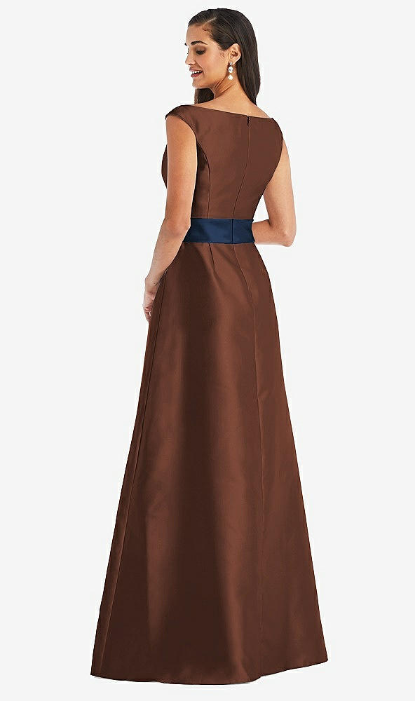 Back View - Cognac & Midnight Navy Off-the-Shoulder Draped Wrap Satin Maxi Dress