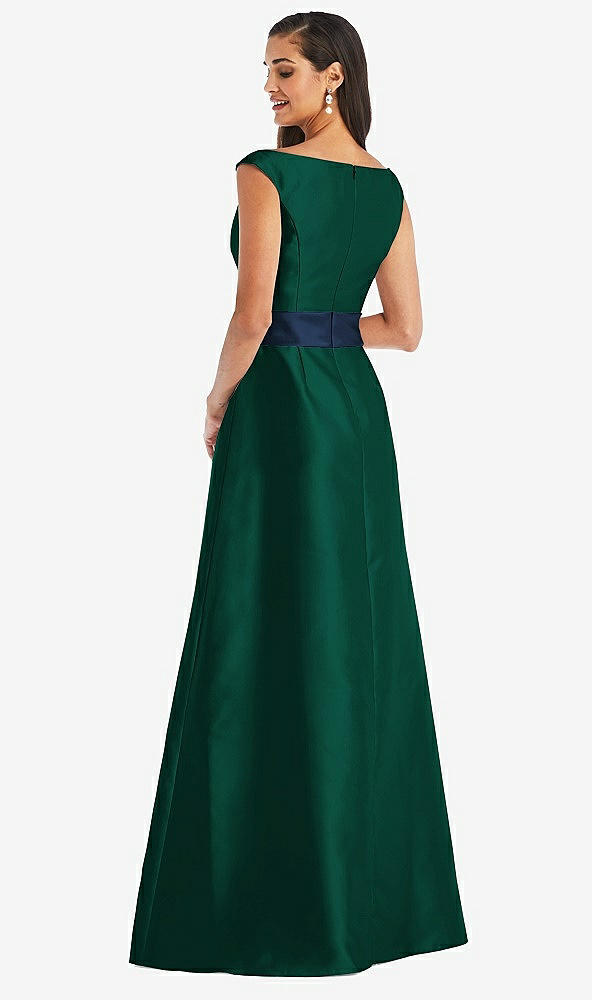 Back View - Hunter Green & Midnight Navy Off-the-Shoulder Draped Wrap Satin Maxi Dress