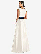 Rear View Thumbnail - Ivory & Midnight Navy Off-the-Shoulder Draped Wrap Satin Maxi Dress