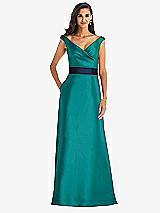 Front View Thumbnail - Jade & Midnight Navy Off-the-Shoulder Draped Wrap Satin Maxi Dress