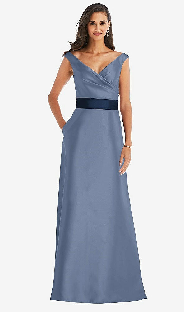 Front View - Larkspur Blue & Midnight Navy Off-the-Shoulder Draped Wrap Satin Maxi Dress