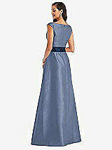 Rear View Thumbnail - Larkspur Blue & Midnight Navy Off-the-Shoulder Draped Wrap Satin Maxi Dress