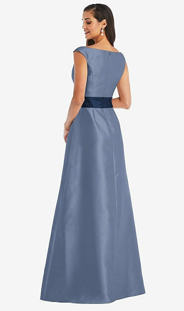 Back View - Larkspur Blue & Midnight Navy Off-the-Shoulder Draped Wrap Satin Maxi Dress