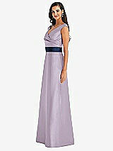 Side View Thumbnail - Lilac Haze & Midnight Navy Off-the-Shoulder Draped Wrap Satin Maxi Dress