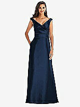 Front View Thumbnail - Midnight Navy & Midnight Navy Off-the-Shoulder Draped Wrap Satin Maxi Dress