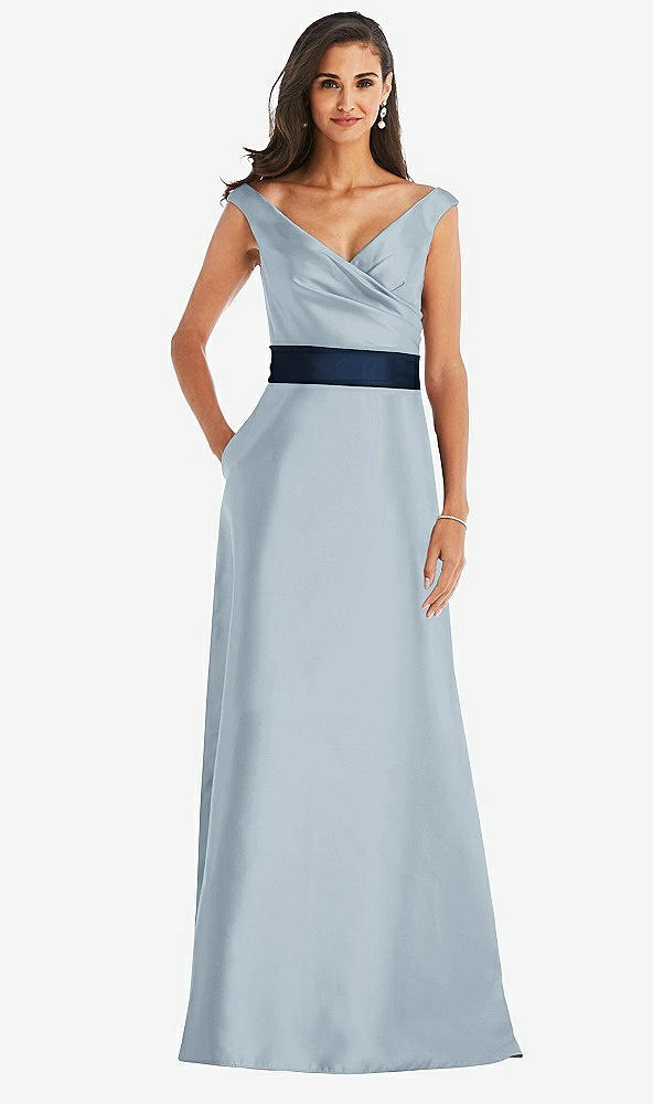 Front View - Mist & Midnight Navy Off-the-Shoulder Draped Wrap Satin Maxi Dress