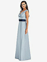 Side View Thumbnail - Mist & Midnight Navy Off-the-Shoulder Draped Wrap Satin Maxi Dress