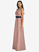 Side View Thumbnail - Neu Nude & Midnight Navy Off-the-Shoulder Draped Wrap Satin Maxi Dress