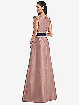 Rear View Thumbnail - Neu Nude & Midnight Navy Off-the-Shoulder Draped Wrap Satin Maxi Dress