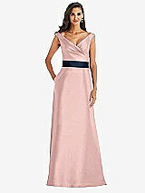 Front View Thumbnail - Rose - PANTONE Rose Quartz & Midnight Navy Off-the-Shoulder Draped Wrap Satin Maxi Dress