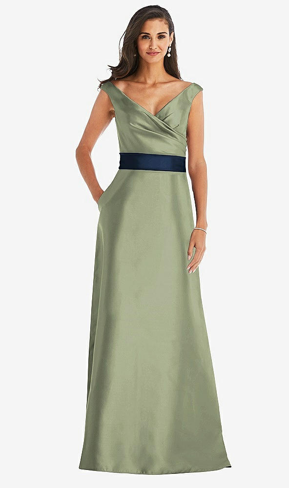 Front View - Sage & Midnight Navy Off-the-Shoulder Draped Wrap Satin Maxi Dress