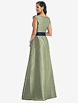 Rear View Thumbnail - Sage & Midnight Navy Off-the-Shoulder Draped Wrap Satin Maxi Dress