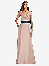 Front View Thumbnail - Toasted Sugar & Midnight Navy Off-the-Shoulder Draped Wrap Satin Maxi Dress