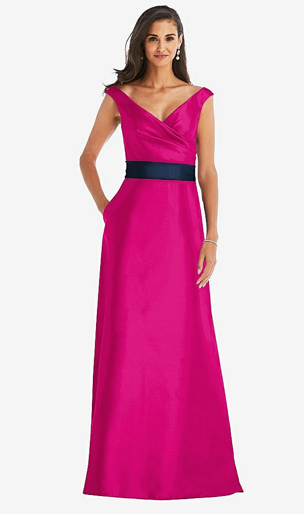 Front View - Think Pink & Midnight Navy Off-the-Shoulder Draped Wrap Satin Maxi Dress