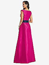 Rear View Thumbnail - Think Pink & Midnight Navy Off-the-Shoulder Draped Wrap Satin Maxi Dress