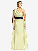 Front View Thumbnail - Butter Yellow & Midnight Navy Draped One-Shoulder Satin Maxi Dress with Pockets