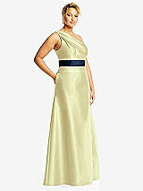 Side View Thumbnail - Butter Yellow & Midnight Navy Draped One-Shoulder Satin Maxi Dress with Pockets