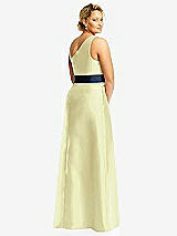 Rear View Thumbnail - Butter Yellow & Midnight Navy Draped One-Shoulder Satin Maxi Dress with Pockets