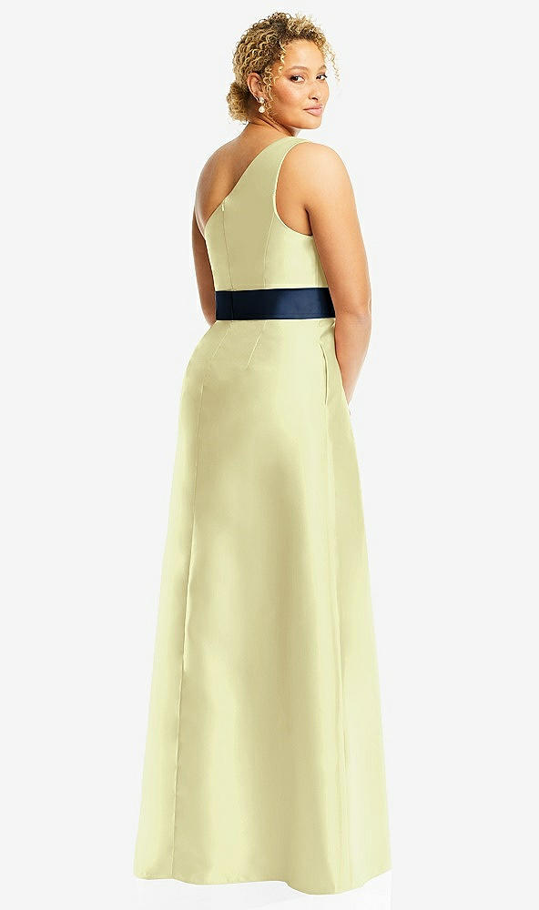 Back View - Butter Yellow & Midnight Navy Draped One-Shoulder Satin Maxi Dress with Pockets