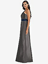 Alt View 2 Thumbnail - Caviar Gray & Midnight Navy Draped One-Shoulder Satin Maxi Dress with Pockets